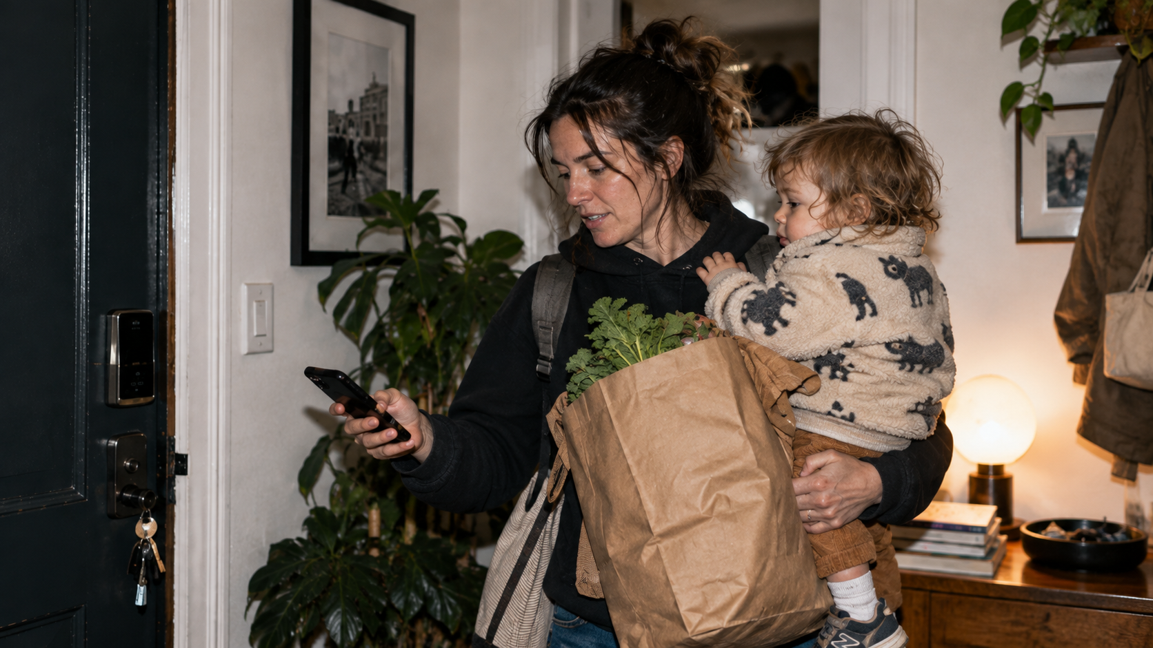 Mother arriving home using connected technology