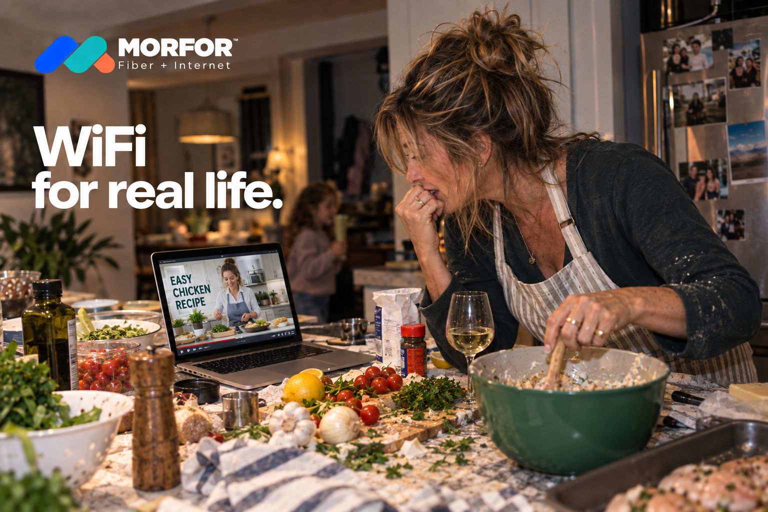 Morfor WiFi for real life campaign showing a woman cooking with a recipe video