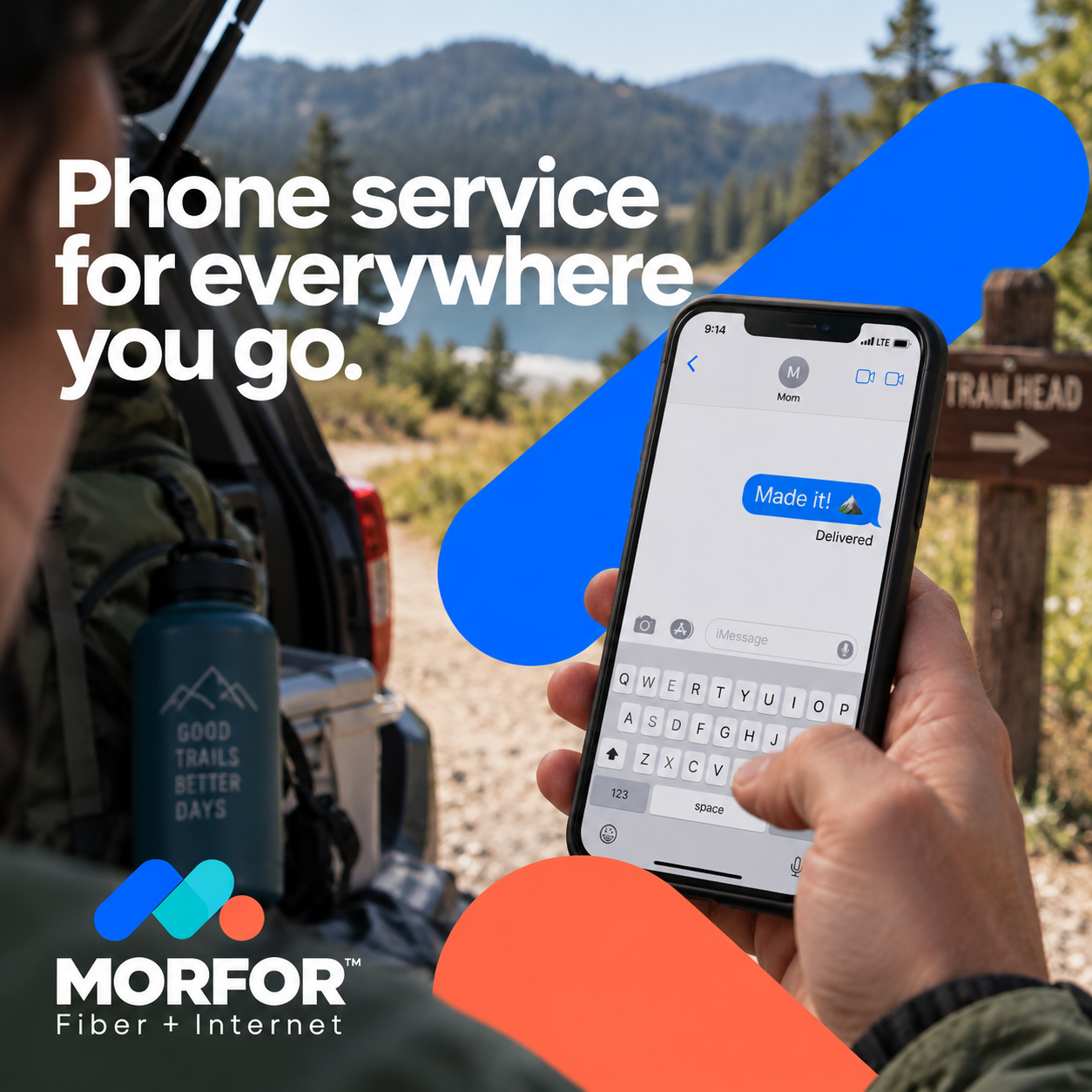 Morfor mobile campaign advertisement at a mountain trailhead