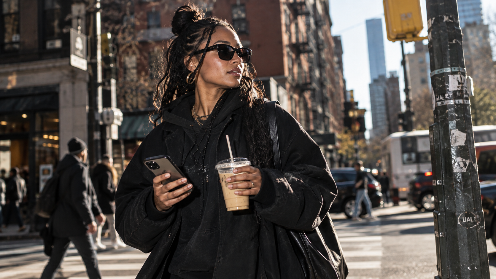 Woman using her phone while moving through the city
