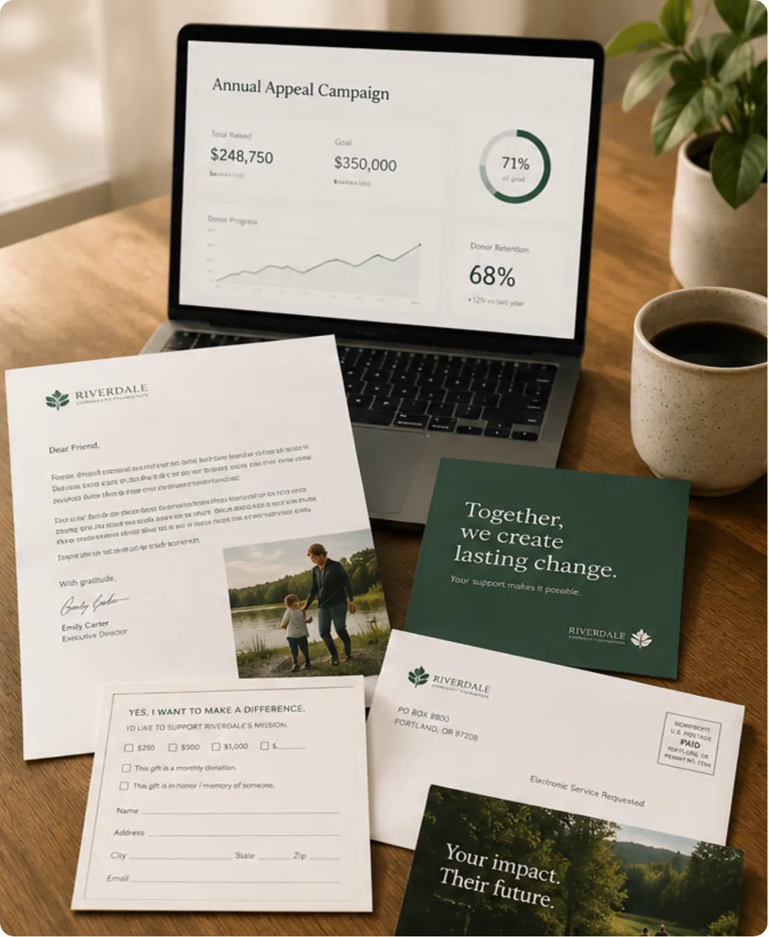 A complete fundraising campaign with appeal letter, reply form, envelope, and reporting dashboard