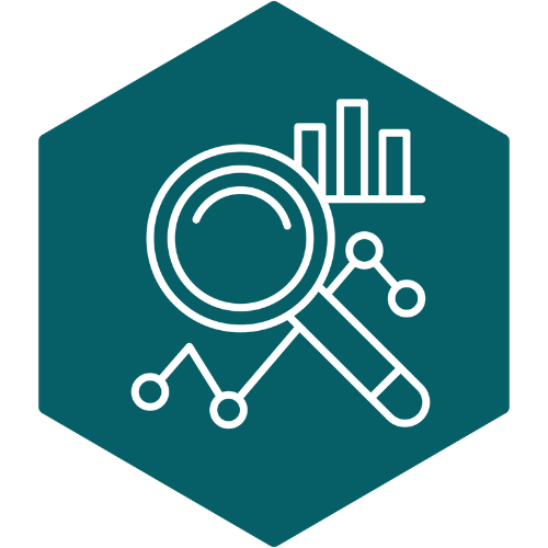 Icon representing data outreach services with magnifying glass, graph bars, and connection nodes, symbolizing targeted marketing and audience insights by Bluegrass Integrated Communications.