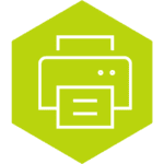Green hexagon printer icon representing scalable nonprofit printing