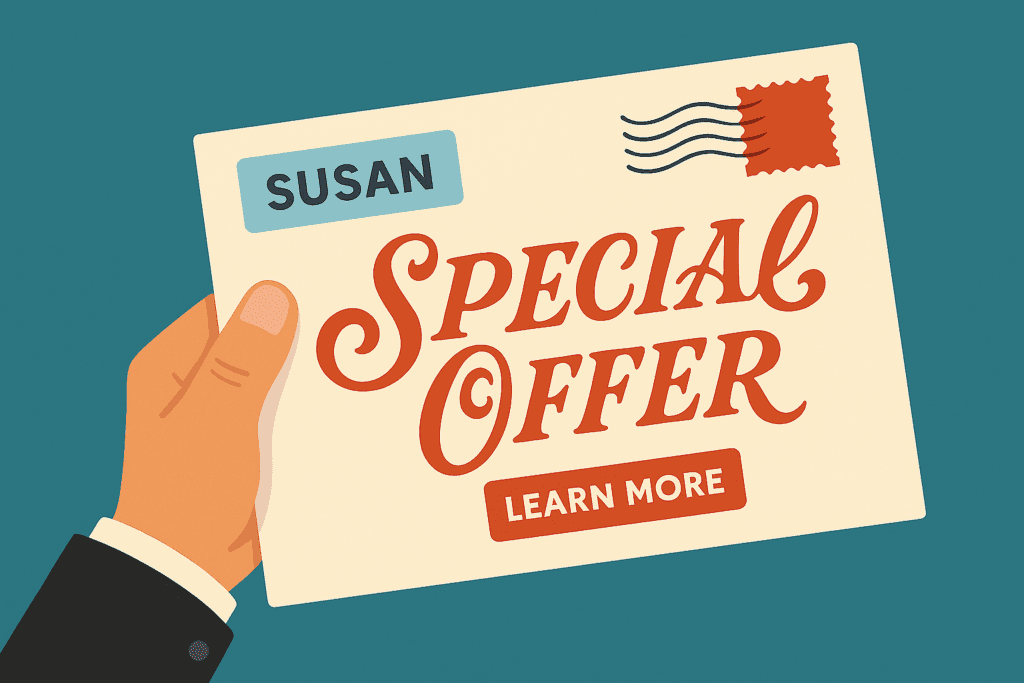 Illustration of a hand holding a direct mail postcard addressed to "John" with a bold "Special Offer" message and a red "Learn More" button, on a teal background.