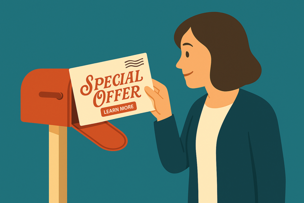Illustration of a woman retrieving a direct mail postcard labeled "Special Offer" from a red mailbox, representing physical engagement and tangible marketing impact.