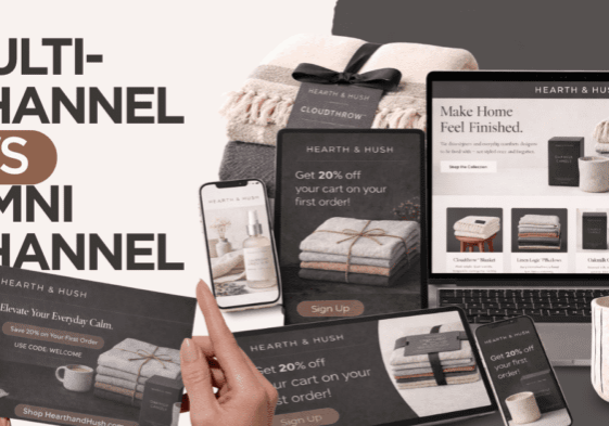 Graphic comparing multi-channel and omnichannel marketing using a home décor brand shown across laptop, tablet, phone, and direct mail postcard.