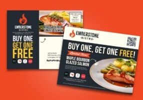 Example of a successful direct mail postcard design by Bluegrass Integrated Communications, showcasing effective messaging and design for a Buy One Get One Free restaurant deal.