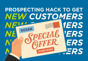 Illustration of a hand holding a direct mail postcard addressed to "Susan," featuring bold typography with the words "Special Offer" and a "Learn More" call-to-action on a bright blue background.
